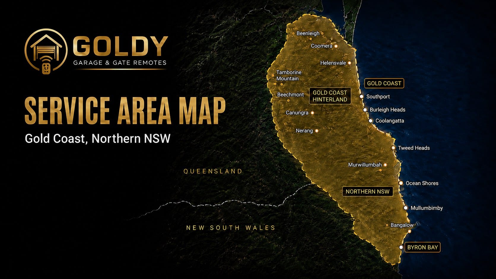 Goldy Garage & Gate Remotes service area map covering the Gold Coast, Northern NSW, Logan, Murwillumbah and Byron Bay